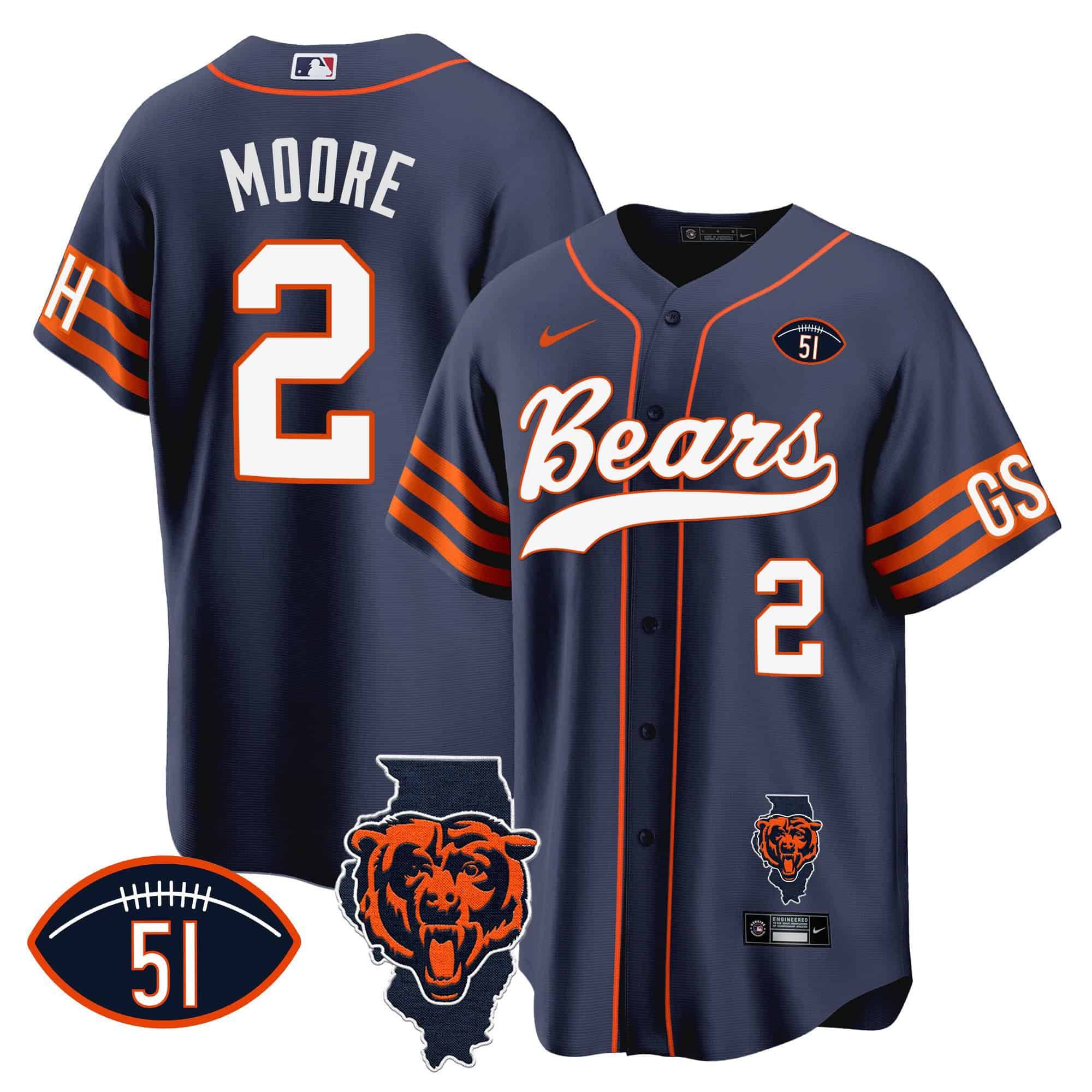 Men Chicago Bears #2 Moore Blue 2024 Nike Patch Baseball NFL Jersey style 1